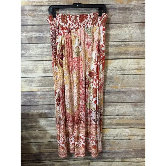 Anthropologie Indira Patchwork Boho Maxi Skirt Pink Rose Smocked Slit Large NEW - Picture 8 of 10
